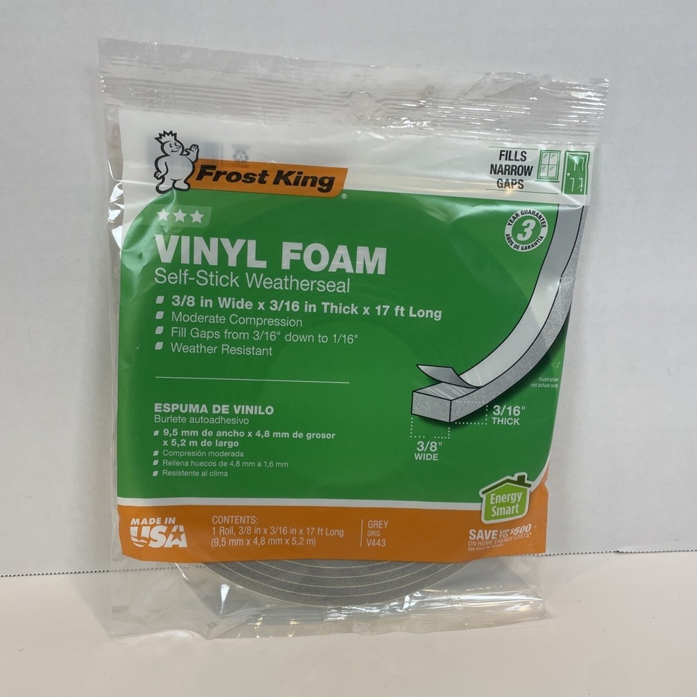 Frost King‎ Weatherseal 17ft Grey Vinyl Foam Self-Stick V443 3/8in x 3/16in